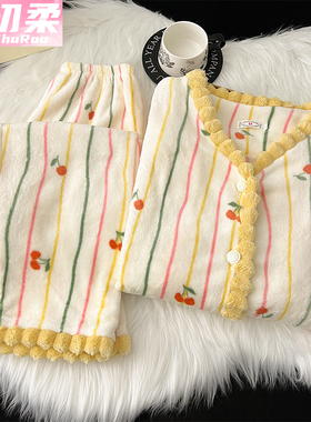 法兰绒睡衣女新款冬季珊瑚绒绿色加绒加厚保暖长袖开衫家居服套装