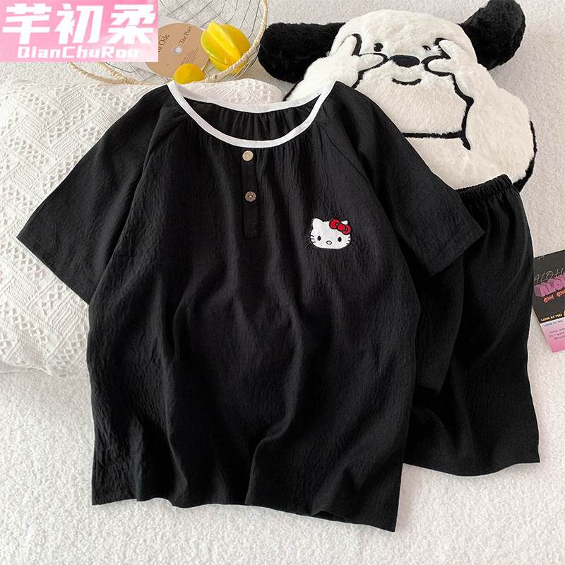 云朵棉睡衣女生夏季圆领可爱短袖短裤套装日系卡通纽扣夏天家居服,女士内衣/男士内衣/家居服,睡衣/家居服套装,淘宝优惠券,粉丝福利购,淘宝优惠卷