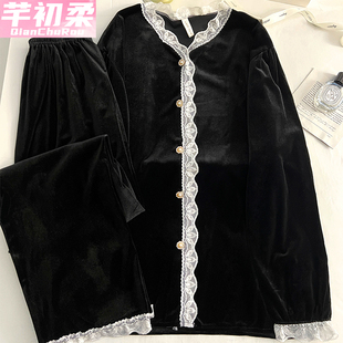 轻奢高级感金丝绒睡衣女春秋冬季蕾丝花边开衫长袖长裤家居服套装