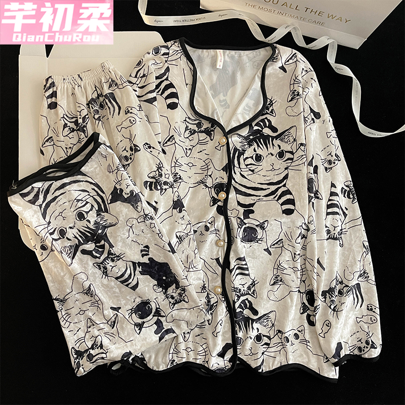 金丝绒公主开衫女睡衣套装