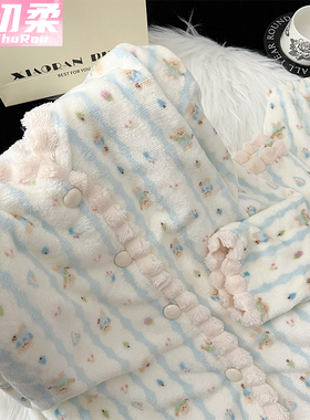 法兰绒睡衣女新款冬季珊瑚绒绿色加绒加厚保暖长袖开衫家居服套装