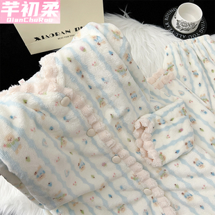 法兰绒睡衣女新款冬季珊瑚绒绿色加绒加厚保暖长袖开衫家居服套装