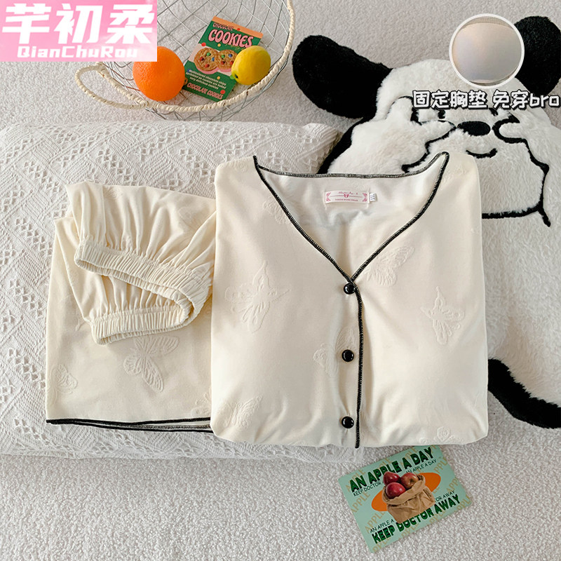 睡衣女冰丝螺纹莫代尔凉感夏季带胸垫提花蝴蝶简约夏天家居服套装,女士内衣/男士内衣/家居服,睡衣/家居服套装,淘宝优惠券,粉丝福利购,淘宝优惠卷