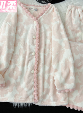 法兰绒睡衣女新款冬季珊瑚绒绿色加绒加厚保暖长袖开衫家居服套装