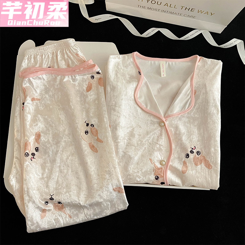 金丝绒公主开衫女睡衣套装
