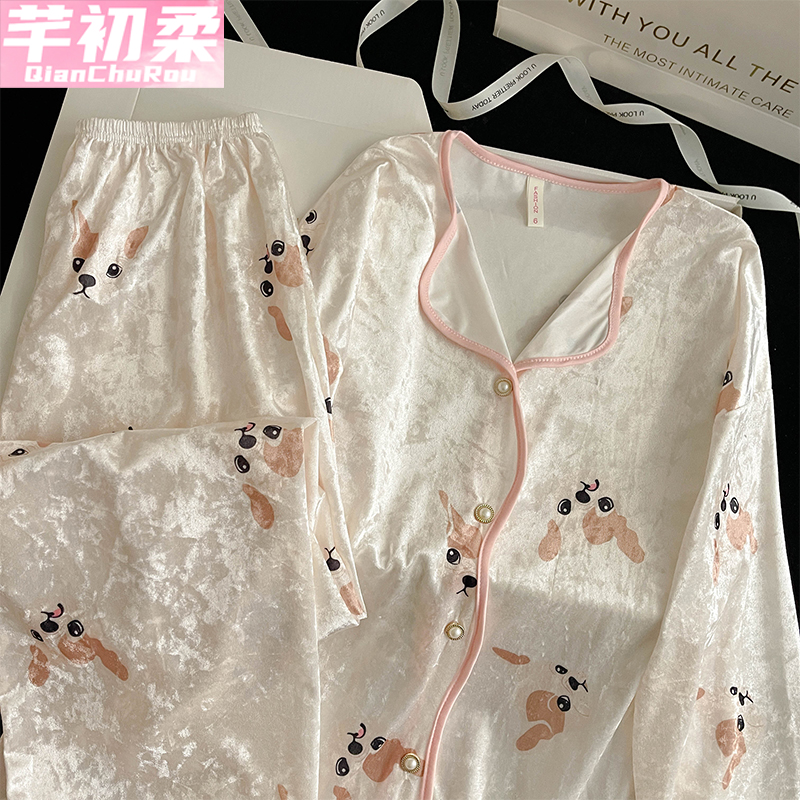 金丝绒公主开衫女睡衣套装
