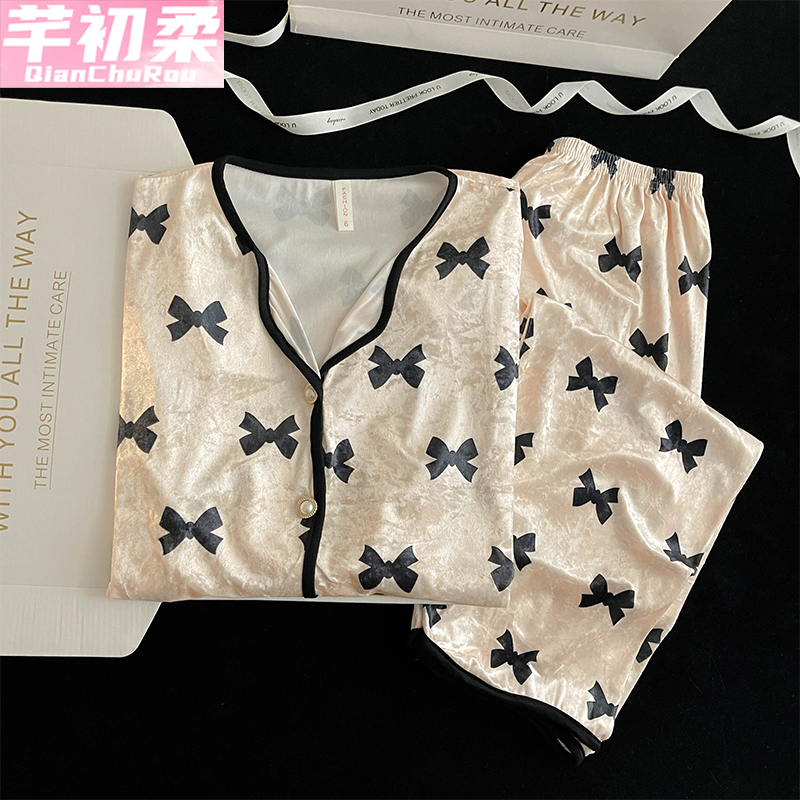 金丝绒公主开衫女睡衣套装