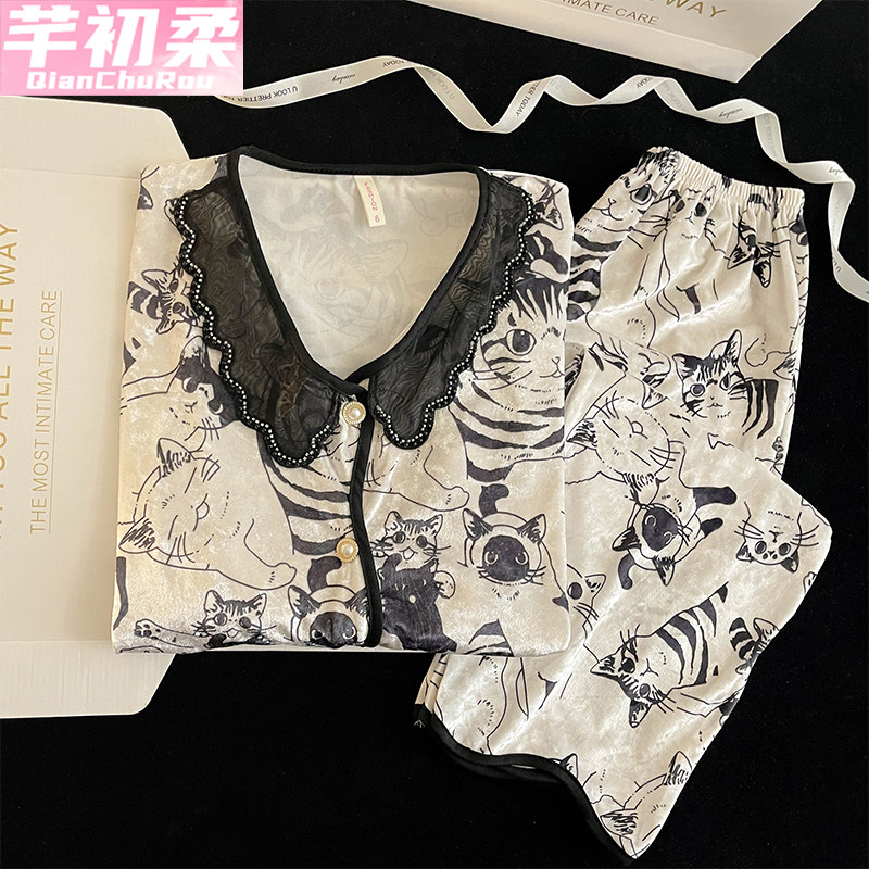 钻石金丝绒睡衣女2025春秋冬开衫款甜美公主高级感家居服蕾丝花边,女士内衣/男士内衣/家居服,睡衣/家居服套装,淘宝优惠券,粉丝福利购,淘宝优惠卷