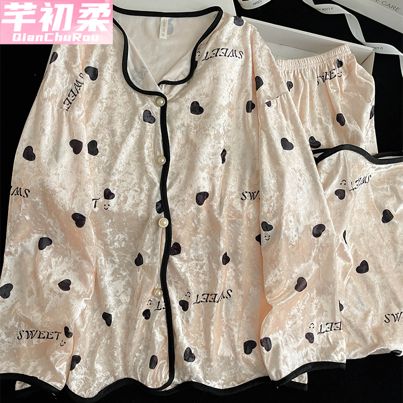 金丝绒公主开衫女睡衣套装