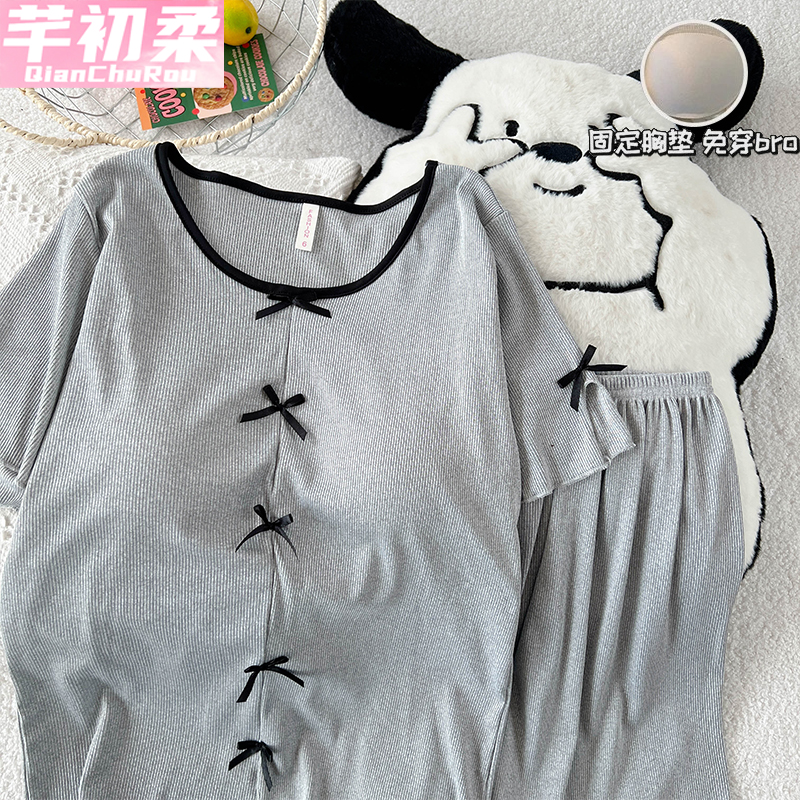 夏季带胸垫睡衣女士短袖短裤套装