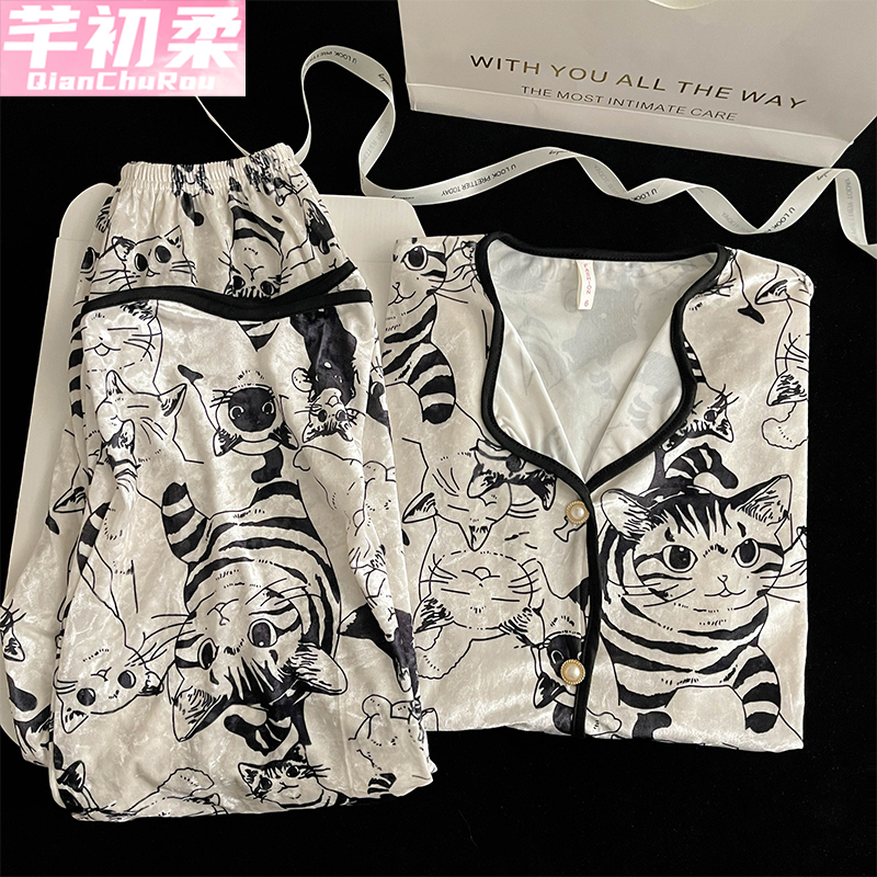 金丝绒公主开衫女睡衣套装