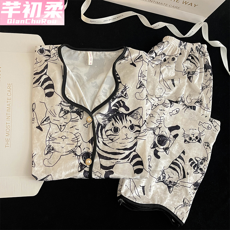 金丝绒公主开衫女睡衣套装