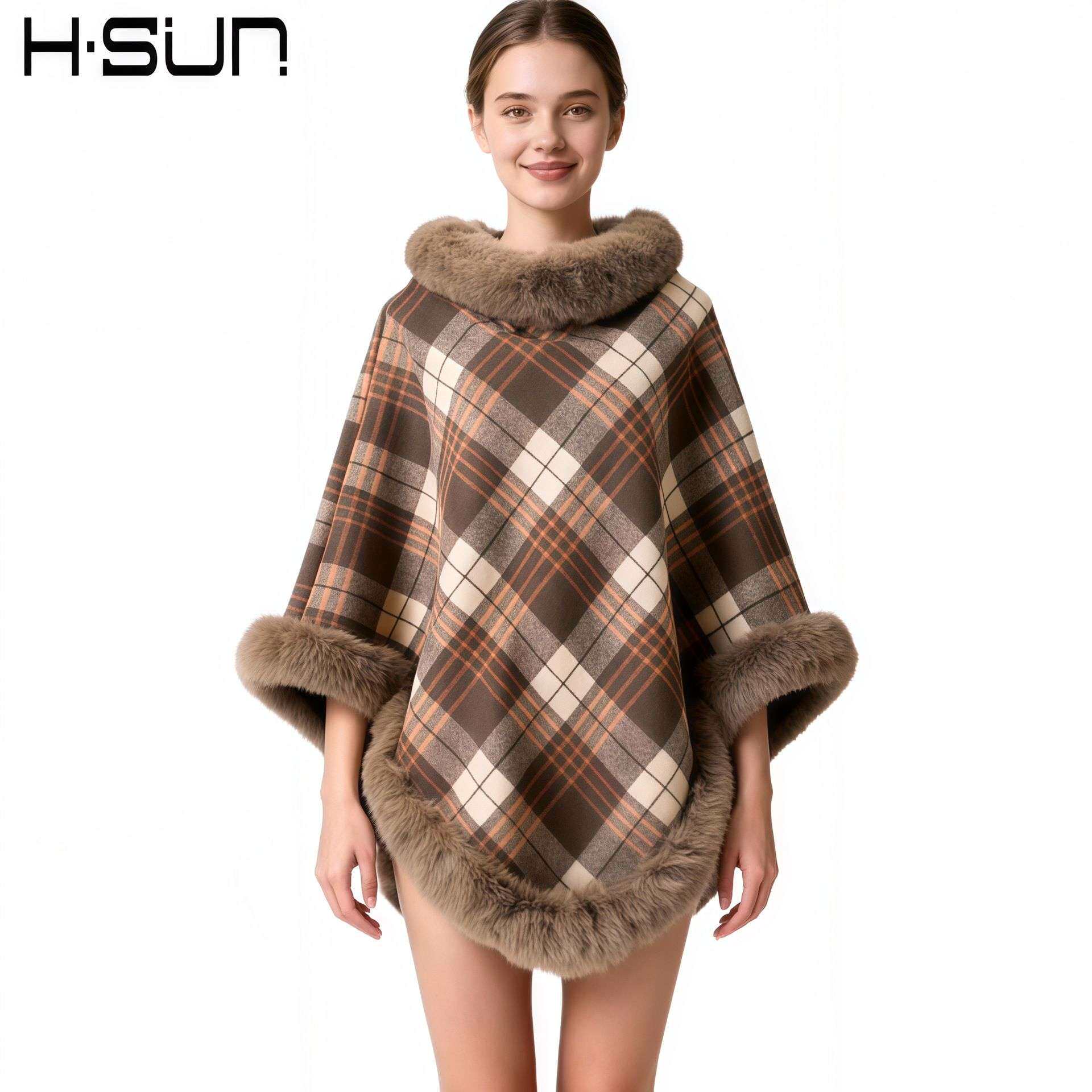 2025显瘦仿皮草女新款圆领格子无袖欧美外套女加绒獭兔毛披肩气质