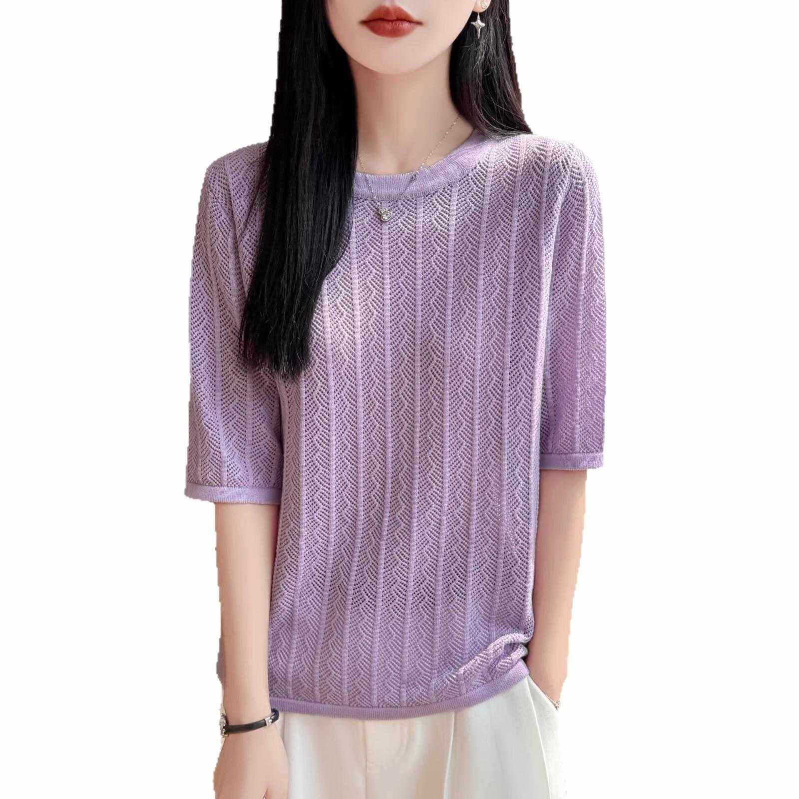 精纺羊毛针织五分袖T恤衫夏季新款女式圆领套头内搭轻薄透气上衣