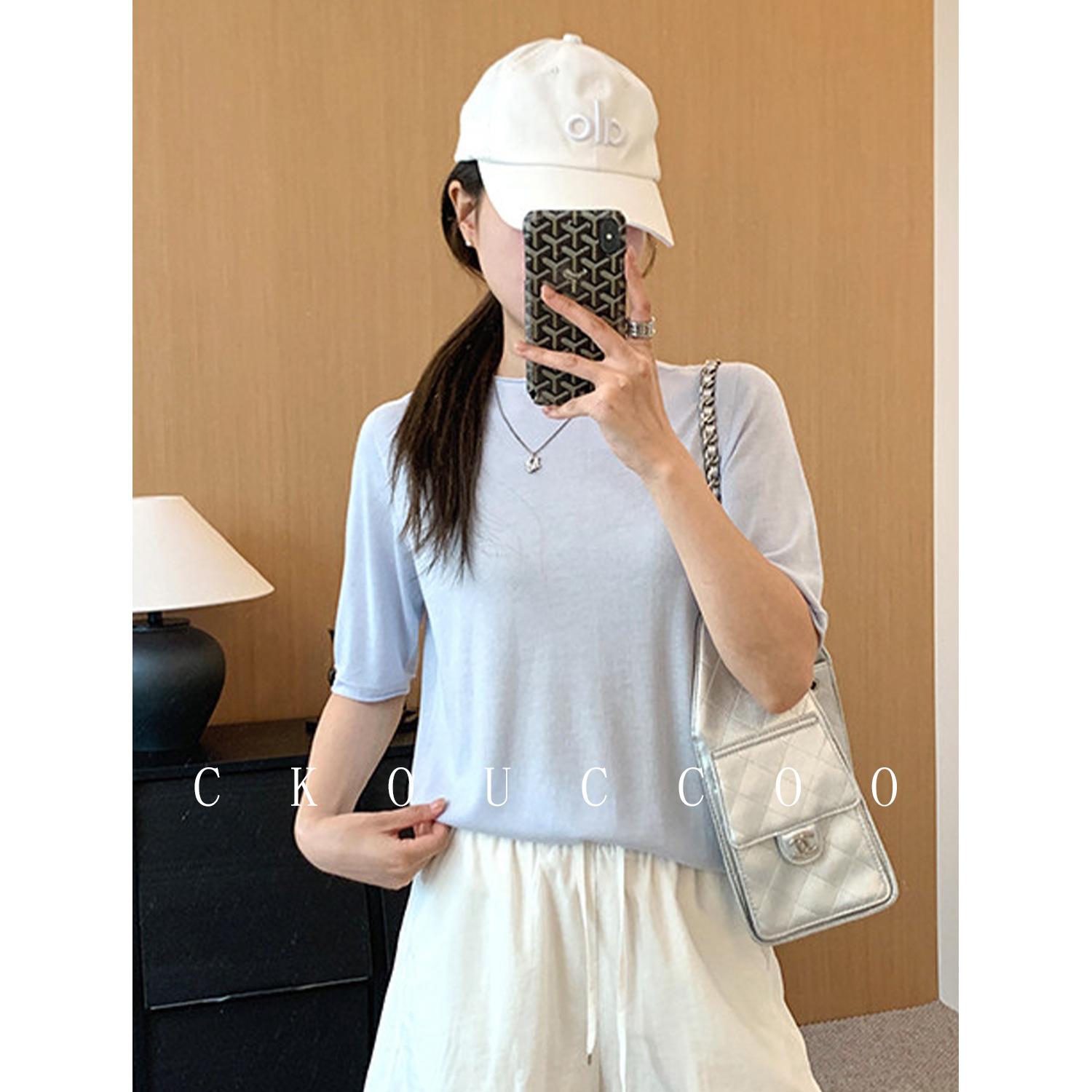 荣太云朵裸感真丝天丝纯色针织短袖T恤女圆领宽松休闲抗皱上衣夏