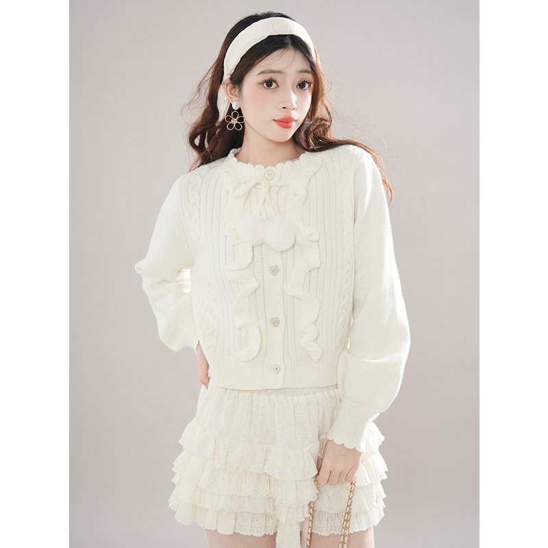 白芷香璃 绒球抽绳木耳边麻花软糯针织上衣+蓬蓬半裙学院风套装女