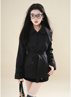 纯欲风复古双排扣风衣女春秋新款小个子高级感黑色收腰短款外套