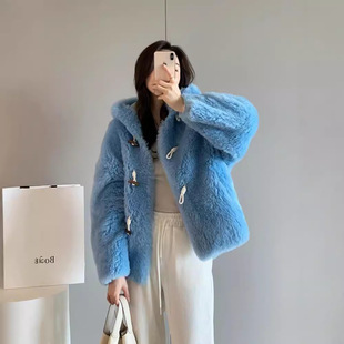 25冬新款连帽托卡皮毛一体羊剪绒牛角扣颗粒大衣羊羔毛皮草外套女