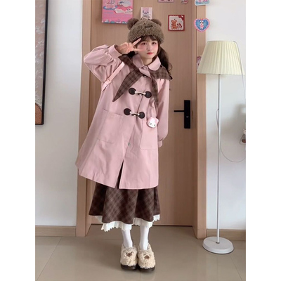 中长款风衣外套格子半身裙套装