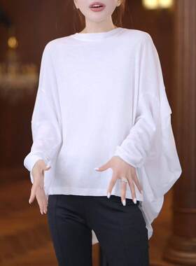 高级感简约蝙蝠长袖白色t恤女2026夏季新款薄款罩衫宽松百搭上衣