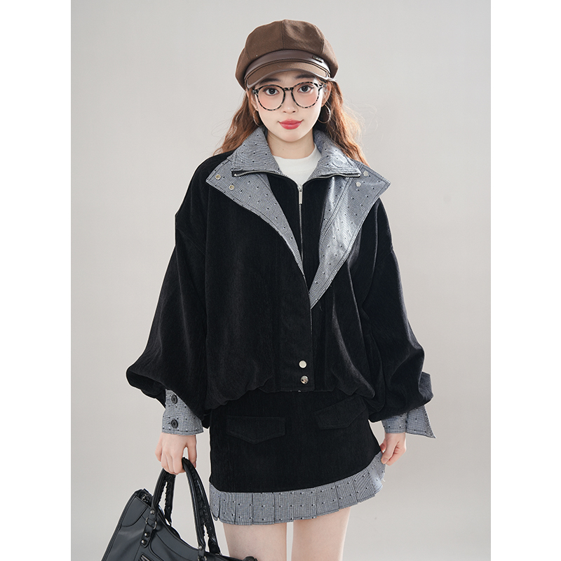 韩系一整套深冬穿搭女秋冬新款夹克外套半身裙韩系慵懒宽松立领