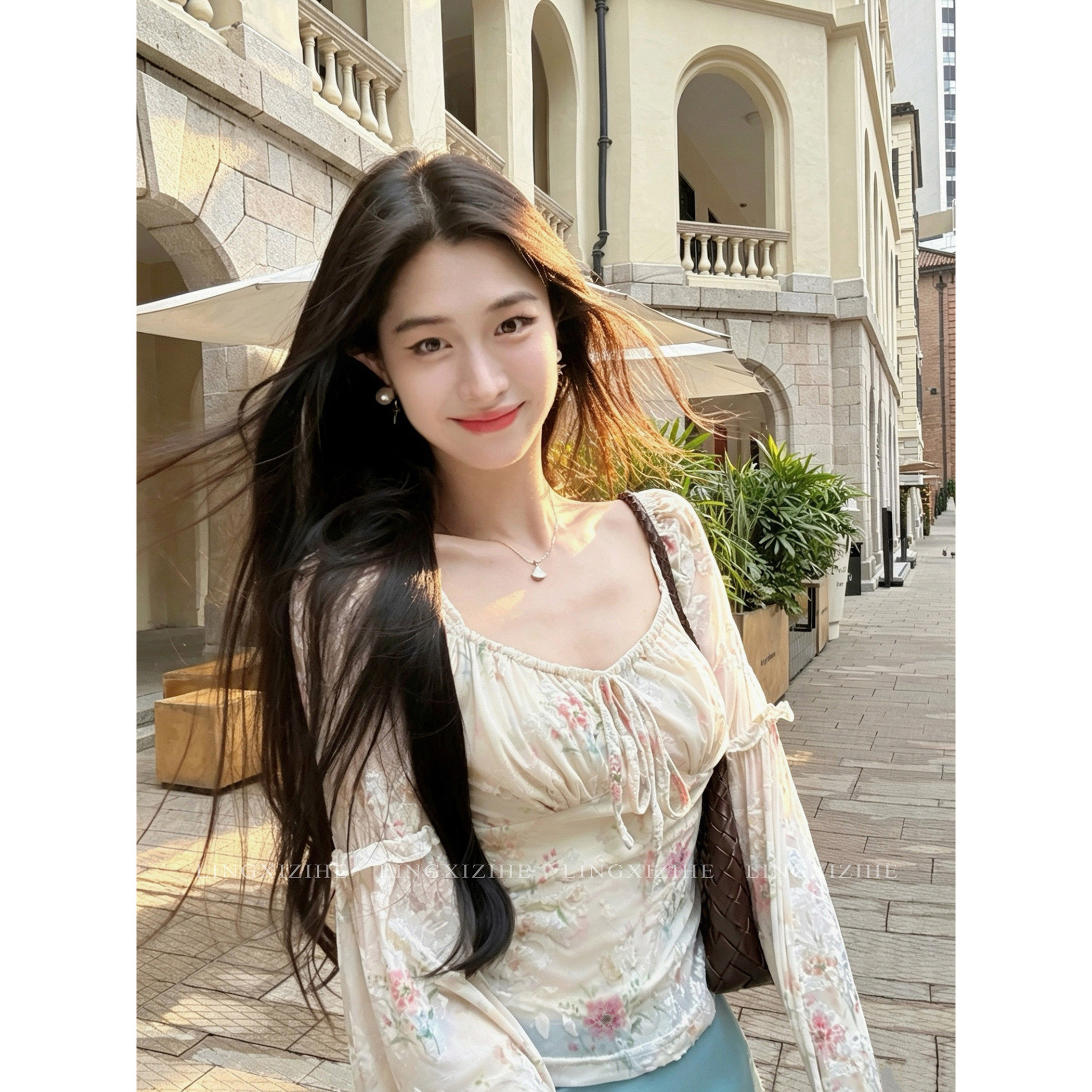 法式植绒印花针织上衣女早秋不规则绑带半身裙