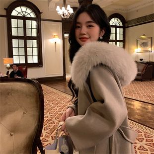 雪后初霁2025秋冬新款狐狸毛领连帽双面羊绒大衣中长款毛呢外套女