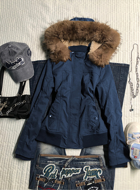 美式复古蓝色vintage毛领连帽外套女冬季新款设计感小众夹克上衣