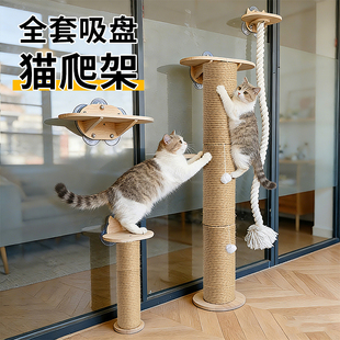 实木剑麻柱猫爬架墙壁式玻璃窗户吸盘攀爬绳悬挂猫架子猫跳台猫窝