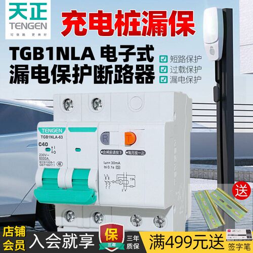 天正TGB1NLA-63充电桩漏保漏电开关2P 40A型电子式漏电保护断路器