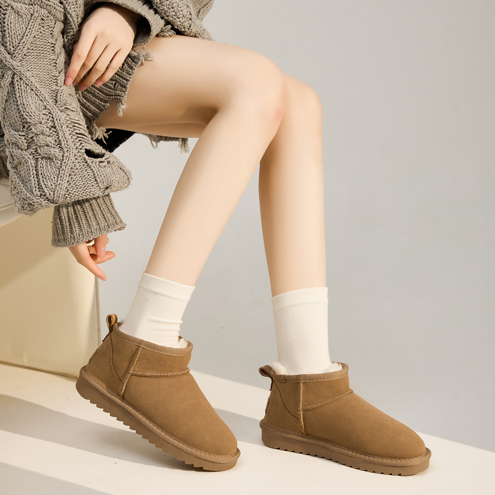 牛皮雪地靴女短靴子周冬雨同款