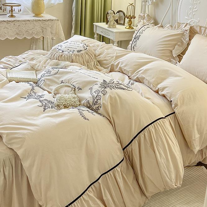 法式宫廷公主风全棉荷叶花边床裙款四件套印花纯棉少女心被套床品