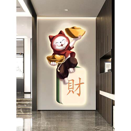 招财猫入户玄关挂画现代简约走廊过道墙led灯画棋牌室麻将装饰画