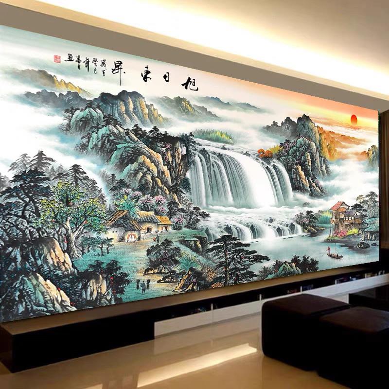 十字绣2025新款旭日东升线 线绣客厅流水生财山水画 画风景画 画
