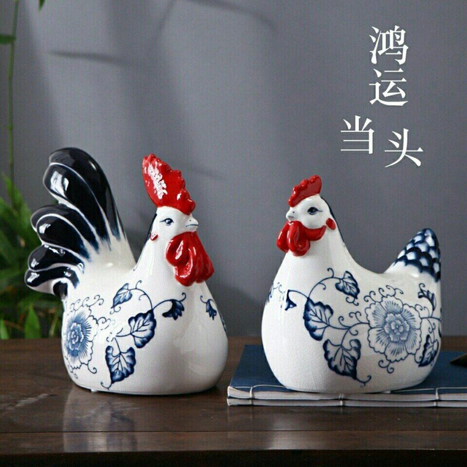 新中式青花瓷鸡摆件 客厅电视柜陶瓷生肖鸡一对祝福礼品