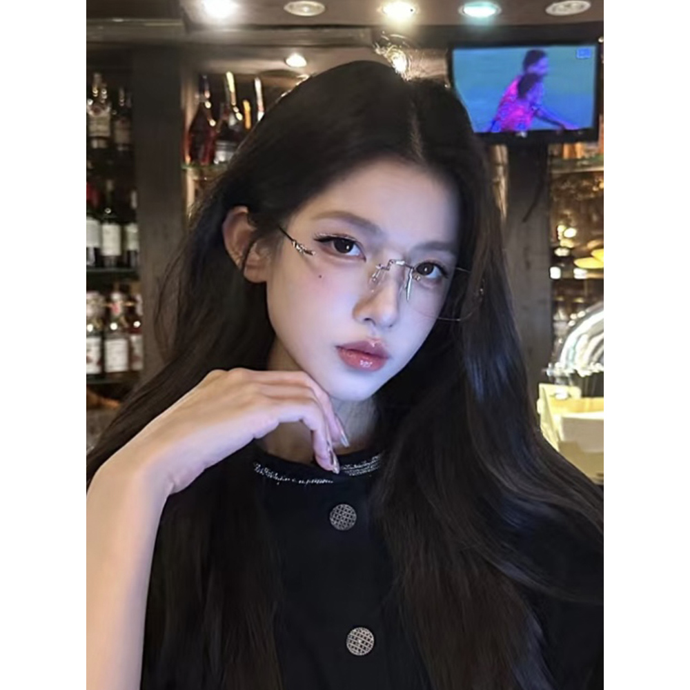 素颜金丝无框眼镜近视女度数可配高级感无边框纯欲防蓝光银色镜框