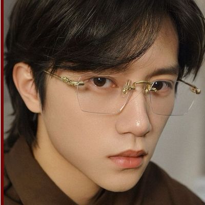 斯文雅痞金丝无框眼镜男款近视可配有度数超轻纯钛无边框眼睛