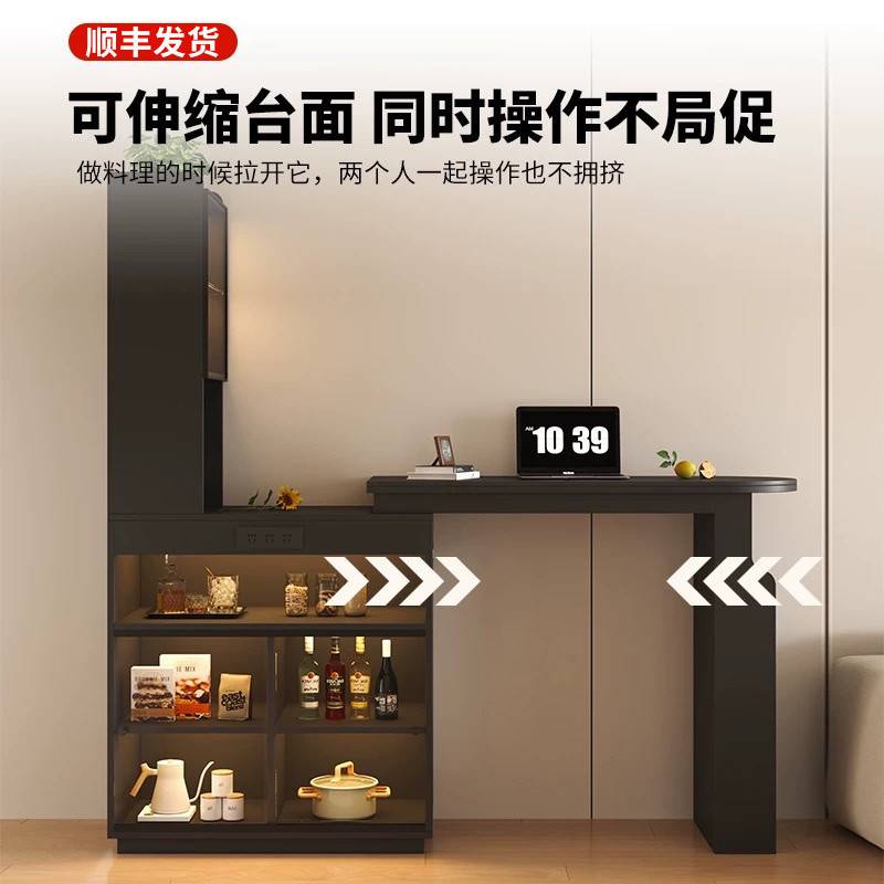 Yla实木吧台隔断柜客厅抽拉式沙发旁吧台复古黑色收纳柜餐柜旋转
