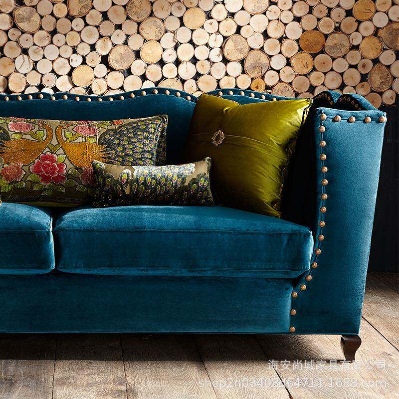 美式蓝色绒无品牌/软包沙发欧式村简约布小户型客乡厅布艺三人位