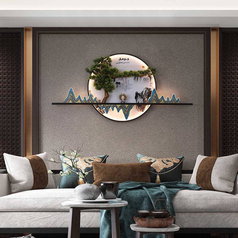 创意个性禅意新中式壁画灯茶室圆形楼梯装饰挂画带灯玄关入户灯具图片