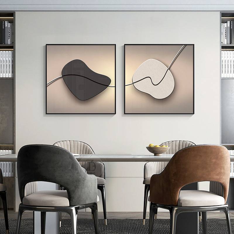 轻奢石来运转餐厅装饰画正方形画两联画饭厅挂画简约现代客厅壁画图片