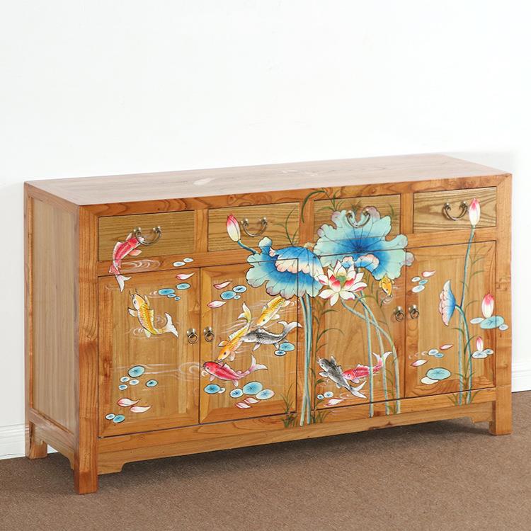 现代中式厅CRT彩柜绘家具柜小户型榆木餐边茶水实木玄关客储物收