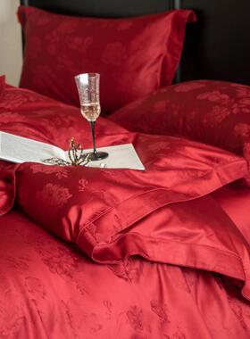 婚庆喜端被100601婚S长绒高棉提花四件套纯棉全棉大红色结床上用