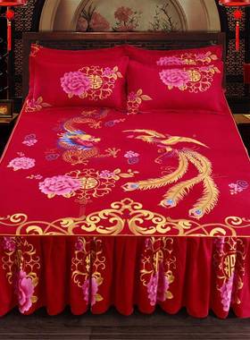 l结婚庆大UGH红色床裙三件套单磨毛床1罩款防滑床单件床l套1.5m.8