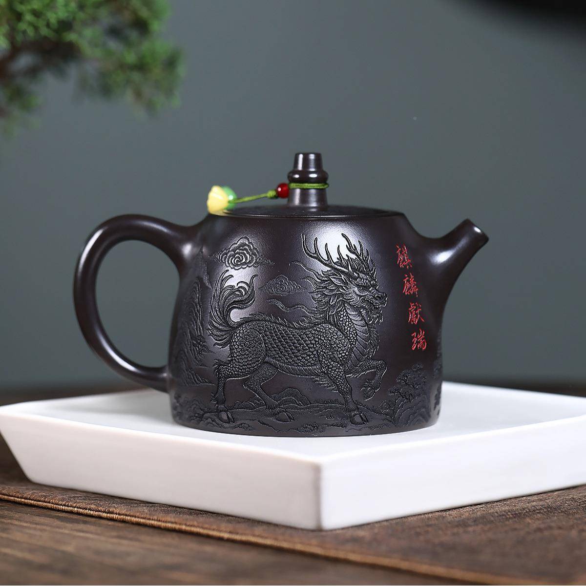 一件砂宜满ISI兴紫壶原矿优石黄泥手工制作刻山水汉质铎茶壶茶具