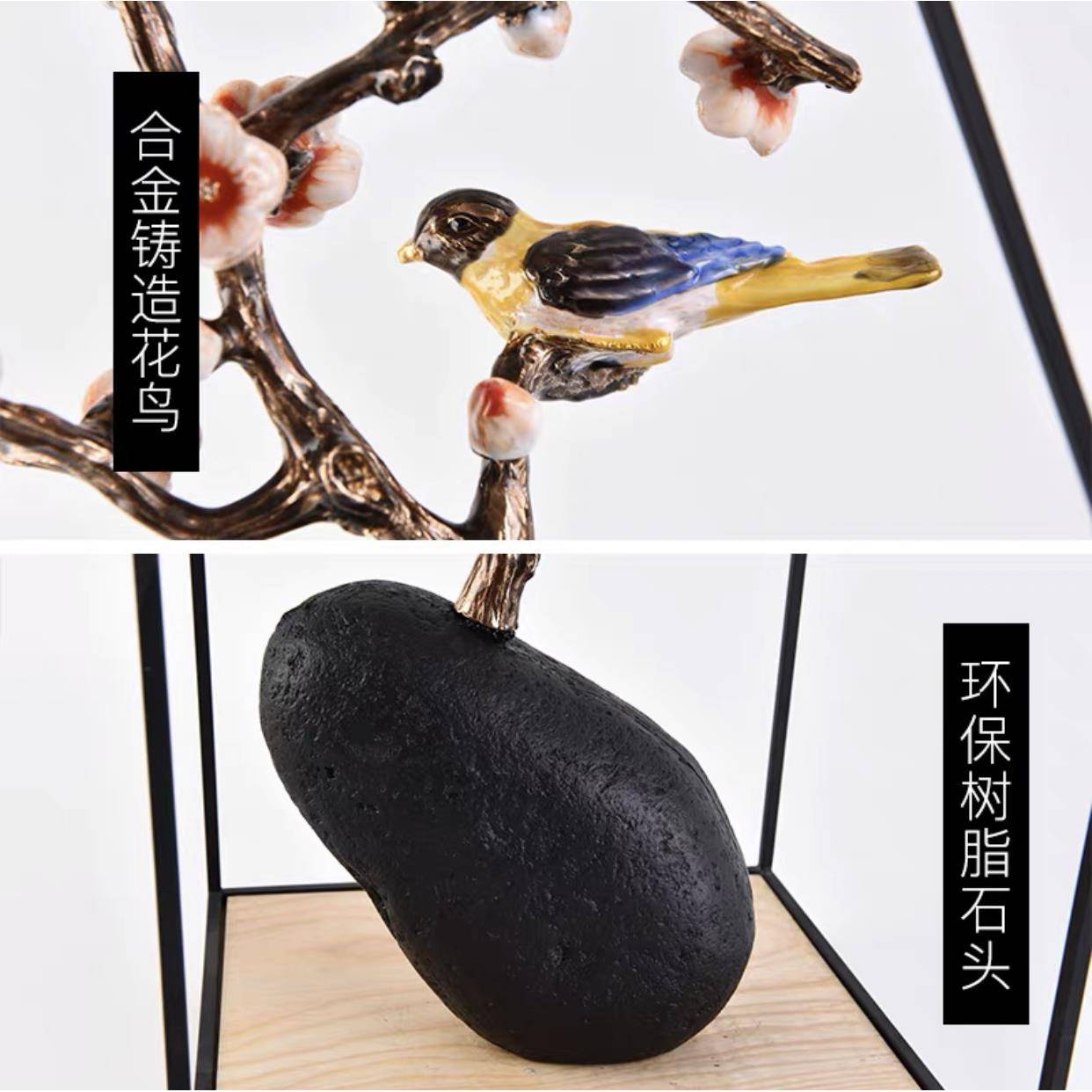 中式梅NGO家花树断枝小鸟新摆件样板房玄关隔柜软装摆设电视柜居