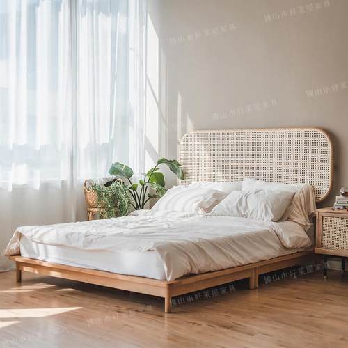 装实木床板民宿酒店客栈头样板房床日头饰藤编床ZKI靠背简约式