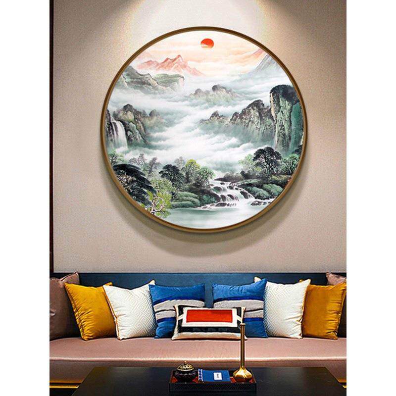 ED灯新中式画装饰画聚宝盆水QVV画客厅风水玄关山山水圆L形挂发光