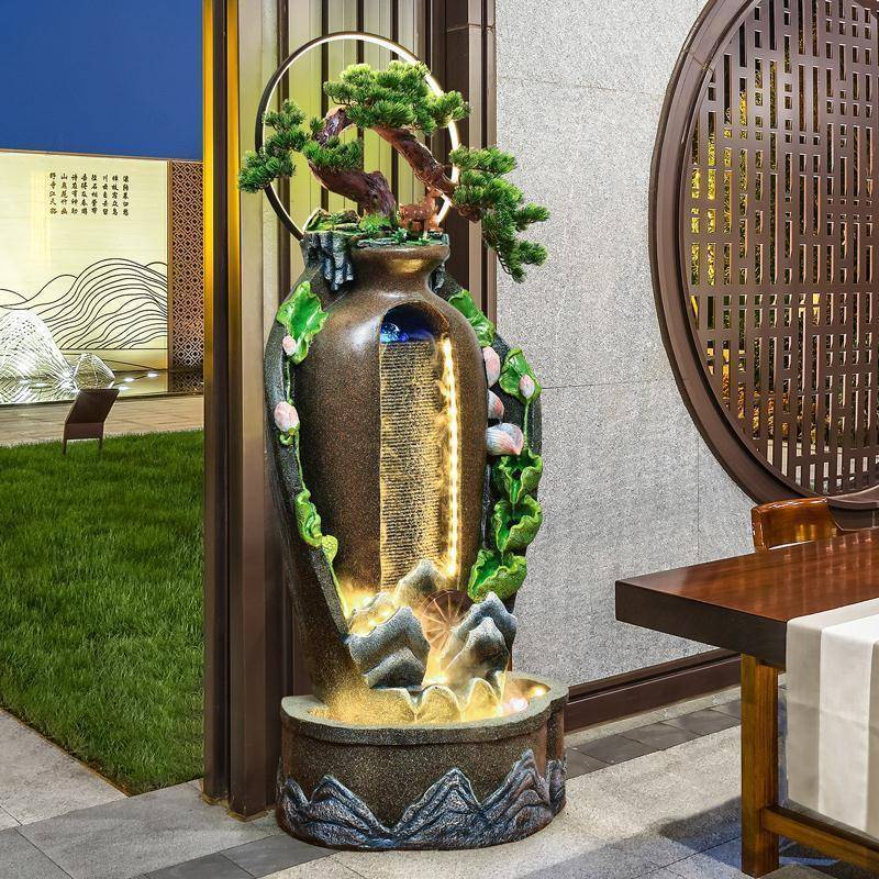 新中式家客厅办公居室招财ETC假流山水迎客松盆景地鱼缸流水墙摆