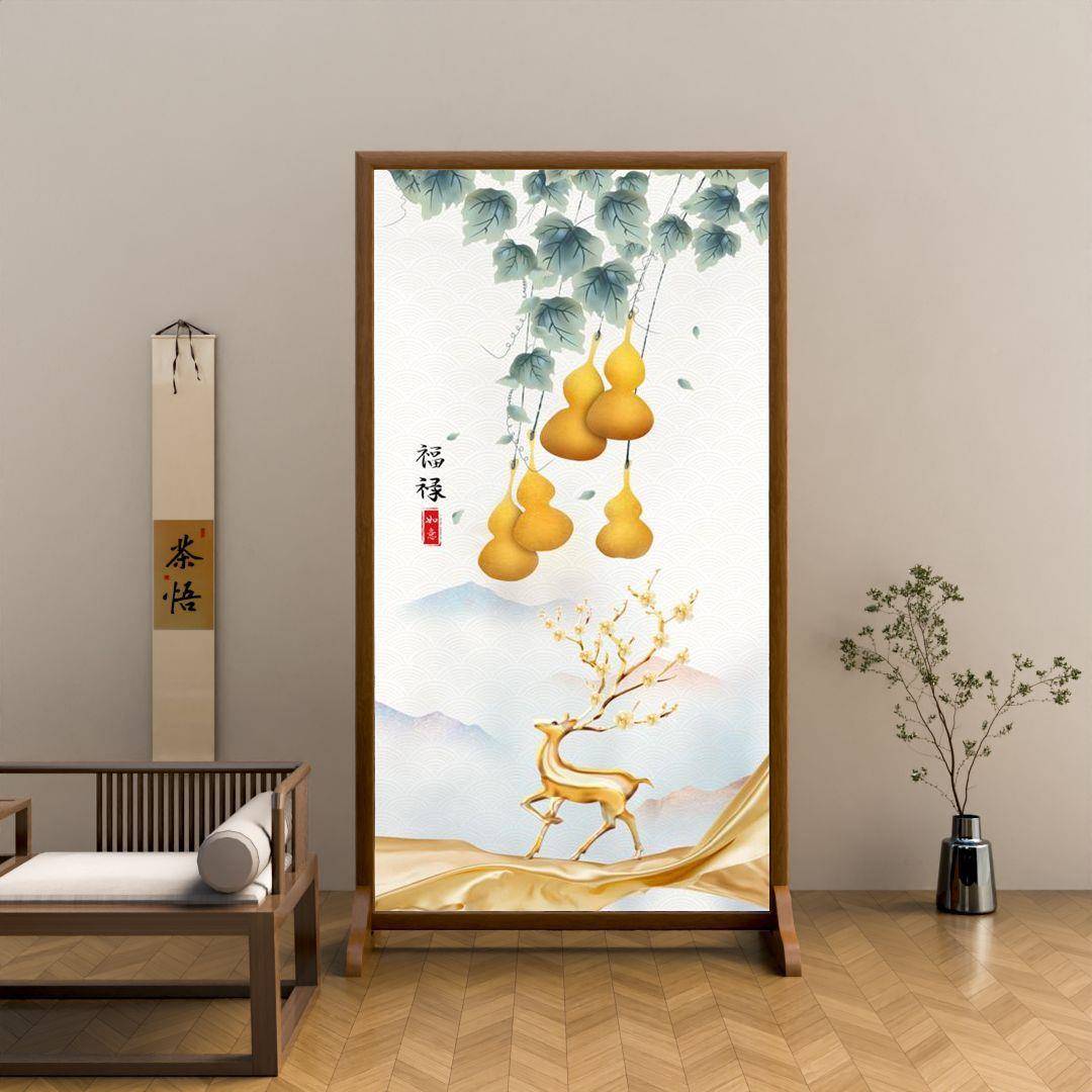 五福临门屏风隔断新中式入MST户遮客布艺玄挡关家厅办公室会客用